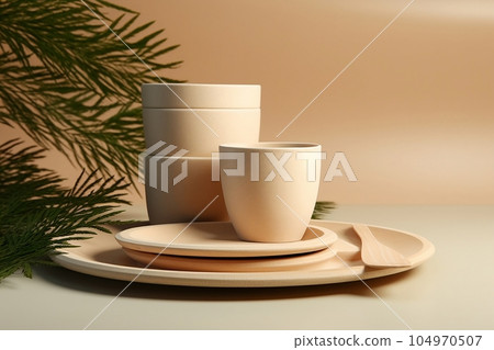 Dishes made of eco-friendly materials are on a tray Dishes made of eco-friendly materials are on a tray 104970507