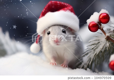 A mouse in a Santa Claus hat near the Christmas tree A mouse in a Santa Claus hat near the Christmas tree 104970509