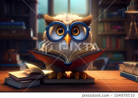 An owl with glasses is sitting in the library with a book 104970510