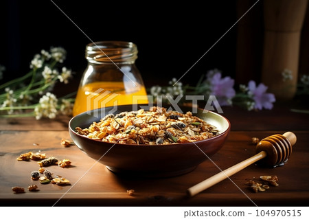 Granola in a plate with yogurt and honey . Granola in a plate with yogurt and honey . 104970515