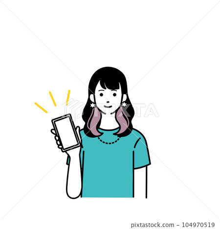 Illustration of a smiling simple woman holding a smartphone Illustration of a smiling simple woman holding a smartphone 104970519