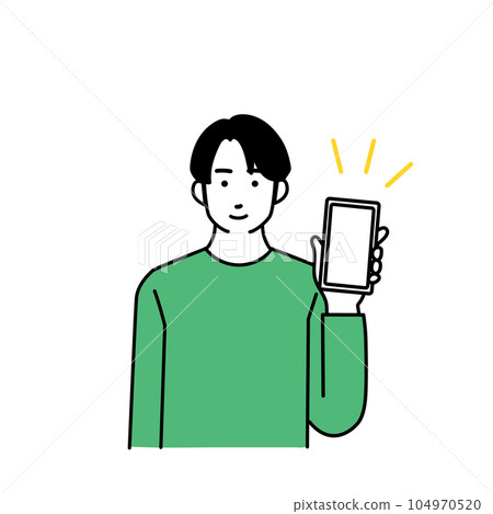 Illustration of a smiling simple man holding a smartphone Illustration of a smiling simple man holding a smartphone 104970520