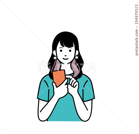 一個微笑的簡單女人拿著智能手機的插圖 一個微笑的簡單女人拿著智能手機的插圖 104970523