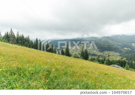 Green Ukrainian mountains. Summer time. Beautiful views of the largest peaks. 104970657