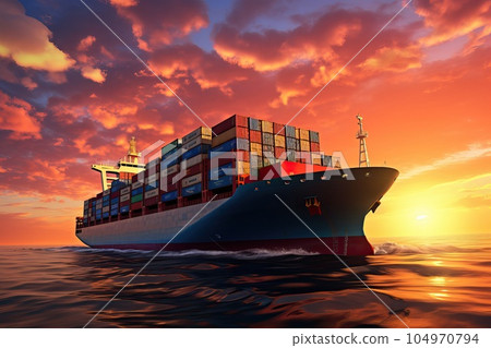 Container ship at sunset. Sea freight is one of the most important engines of the modern economy. 104970794