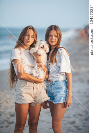 Adorable young girls and their white puppy on the beach at sunset. Beautiful teenage girls on the seashore walking and enjoy summer vacation 104970854