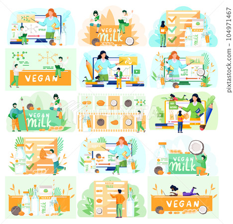 Plant-based vegan nutty milk. People near plant products and inscriptions. Healthy lifestyle concept Plant-based vegan nutty milk. People near plant products and inscriptions. Healthy lifestyle concept 104971467