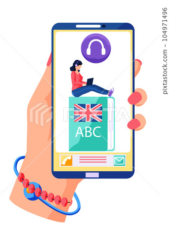 Audio english book or studying English at a distance. Online learning foreign languages concept Audio english book or studying English at a distance. Online learning foreign languages concept 104971496