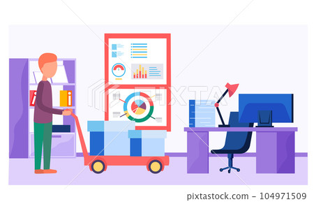 Working and analyzing financial statistics. Guy transports boxes to offices. Loader with wheelbarrow 104971509