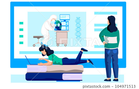 The girl works on a laptop. Woman is looking at the screen. Video with a scientist with a microscope 104971513