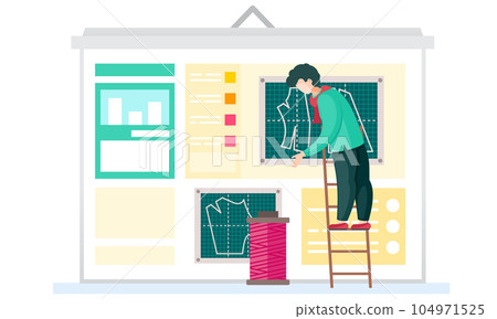 Designer works with skein of thread standing on the ladder. Men working on creating clothes Designer works with skein of thread standing on the ladder. Men working on creating clothes 104971525