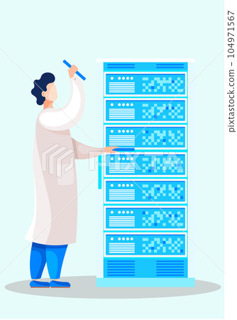 Scientists in white coats with tools in laboratory interior. Man stands with blue containers nearby 104971567