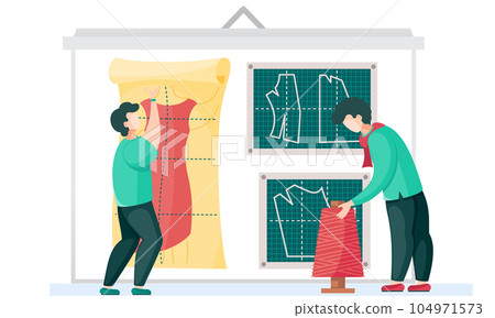Designers working with skein of thread and pattern of dress. Men working on creating clothes Designers working with skein of thread and pattern of dress. Men working on creating clothes 104971573