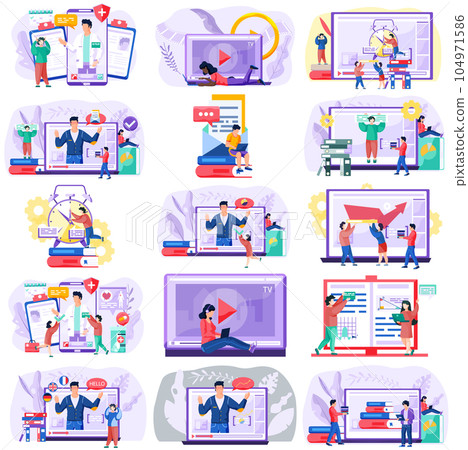 Online education e-learning science concept, scenes set with students which study remotely Online education e-learning science concept, scenes set with students which study remotely 104971586