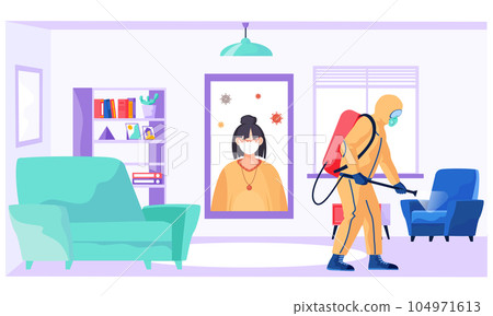 A man from pest control service doing disinfection in office to kill viruses and bacteria 104971613