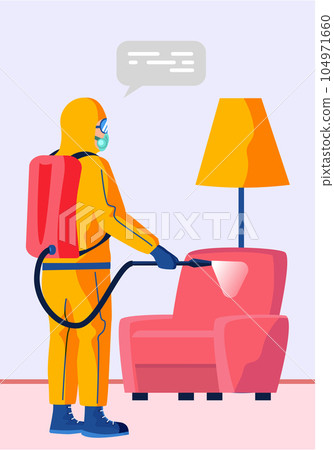Man in a yellow suit disinfects the room or office with a spray gun. Virus pandemic, sanitization Man in a yellow suit disinfects the room or office with a spray gun. Virus pandemic, sanitization 104971660