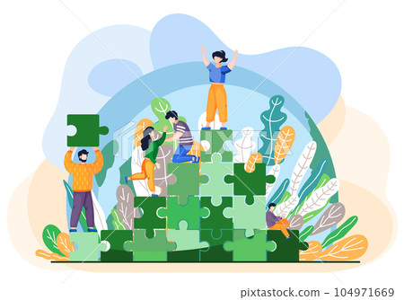 Tiny people saving world ecology. Characters climb the green mountain from blocks of puzzles Tiny people saving world ecology. Characters climb the green mountain from blocks of puzzles 104971669