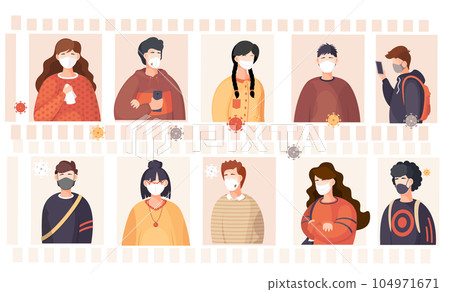 Covid-19 or desease prevention concept. People wearing surgical face mask. Quarantine conditions 104971671