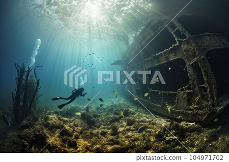 Diver in front of the sunken hull. Diver in front of the sunken hull. 104971702