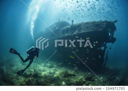 Diver in front of the sunken hull. 104971705