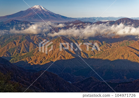 Mt.Fuji in the morning and mountain range of colored leaves seen from Nishitanzawa/Hinodomaru 104971726