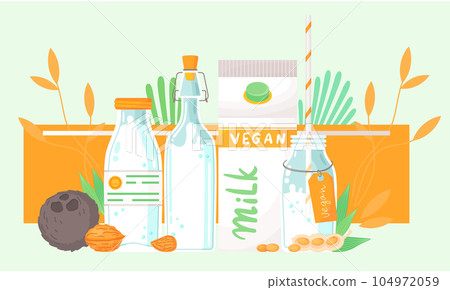 Veganism concept. Vegetarian almond, soya and coconut milk. Plant-based drinks. Vegan milk 104972059