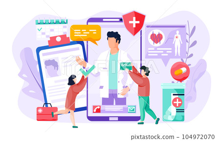 Phone screen with an image of the doctor. Students during an online medicine lesson via the Internet Phone screen with an image of the doctor. Students during an online medicine lesson via the Internet 104972070