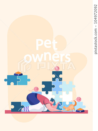 Pet owners vertical poster with lettering. Young girl squatted down playing with her ginger cat 104972092
