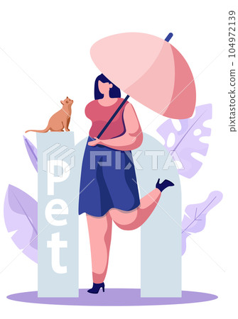 Pet care, happy woman under umbrella with cat, cute animal and owner stands before the big letter 104972139