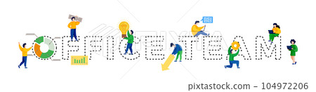 Illustration of working little people with big word office team by dotted lines for business design 104972206