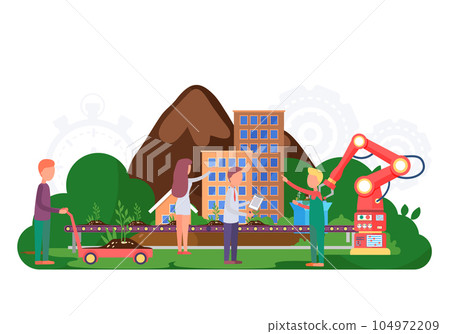 Environmental conservation concept with people involved in nature working on the conveyor with robot 104972209
