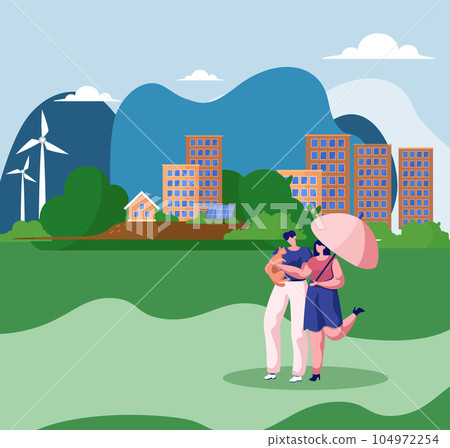 Couple walking with cat holding it. Man and woman strolling under rain or sunshine with umbrella 104972254