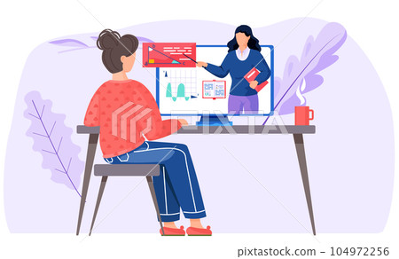 Student studying mathematics. A monitor with a math video. Geometry learning vector illustration 104972256