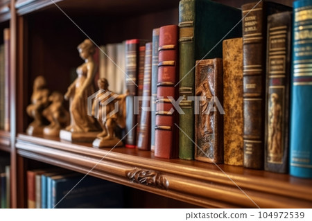 A bookshelf lined with old luxury books: AI work 104972539