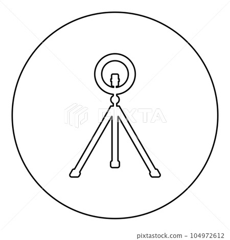 Led ring lamp on tripod with smartphone for phone studio photo light podcast concept equipment for streaming video icon in circle round black color vector illustration image outline contour line thin Led ring lamp on tripod with smartphone for phone studio photo light podcast concept equipment for streaming video icon in circle round black color vector illustration image outline contour line thin 104972612