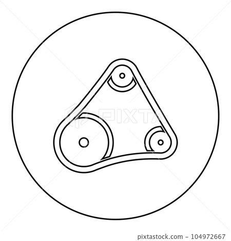 Belt transmission mechanism with three pulleys drive part automobile tension rollers engine spare auto repair wheels with rubber tape V-belt Automotive concept icon in circle round black color vector 104972667