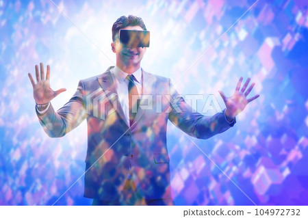 Metaverse concept with man and virtual reality glasses Metaverse concept with man and virtual reality glasses 104972732