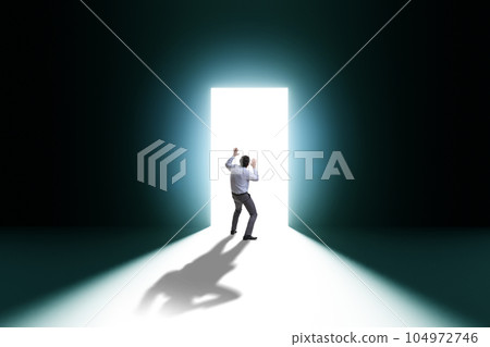 Businessman entering backlit door in escape concept Businessman entering backlit door in escape concept 104972746