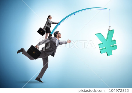 Business people chasing yen on fishing rod Business people chasing yen on fishing rod 104972823