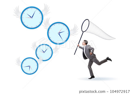 Deadline concept with businessman catching clocks Deadline concept with businessman catching clocks 104972917