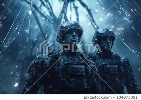 Two modern soldiers to cybernetic armor. 104973081