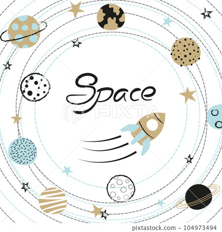 Space kids vector illustration with hand drawn planets and rocket 104973494