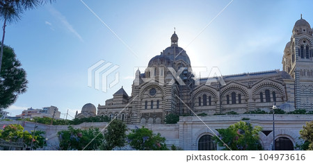 Domes of Cathedral de la Major - church and landmark in Marseille, France. Sunny summer day 104973616