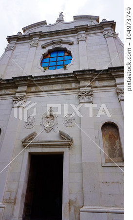 The ancient cathedral of Santa Maria delle Grazie, founded in 1512 in Massa Lubrense. Sorrento Peninsula, Province of Naples, Italy, Europe. 104973749