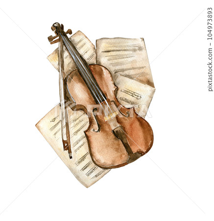 Old violin lies on paper with notes. Perfect for wedding, invitations, blogs, card templates, birthday and baby cards, patterns, quotes. 104973893