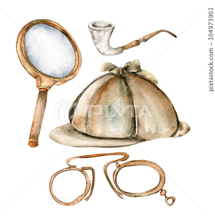 Set old magnifying glass, cap, smoking pipe. Perfect for wedding, invitations, blogs, card templates, birthday and baby cards, patterns, quotes. 104973901