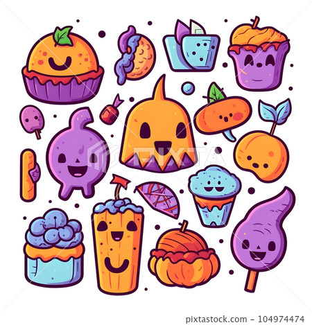 halloween element doodle icon set generative AI. 104974474