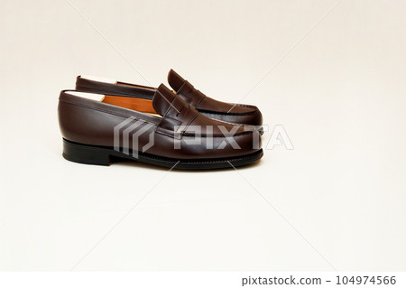 Dark brown loafers photographed against a white background Dark brown loafers photographed against a white background 104974566
