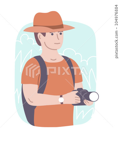 Hiking man with a camera on white background Hiking man with a camera on white background 104976884
