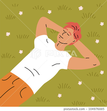 A young man lies on the grass and rests A young man lies on the grass and rests 104976885